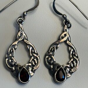 Sterling Silver and Red Garnet Celtic Design drop Earrings